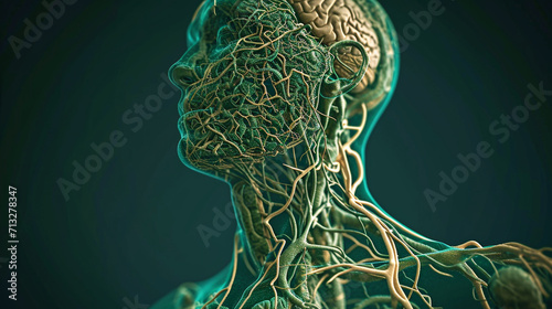 A visually rich medical illustration capturing the lymphatic vessels in a specific area of the body, with meticulous attention to detail in depicting their branching patterns and t