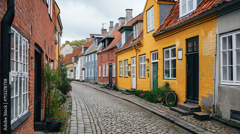 European street with bright, colorful, one-story cozy houses

