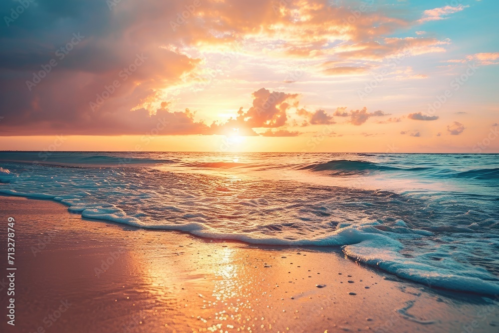 Golden Hour Serenity: Bask in the Tranquil Beauty of a Sunset Beach, with Wet Sand Glistening, Clouds Drifting, and Foam Gently Rolling.