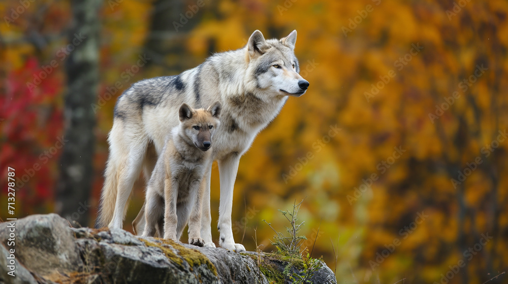 Lobo cinzento e seu filhote - Papel de parede