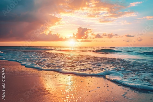 Golden Hour Serenity: Bask in the Tranquil Beauty of a Sunset Beach, with Wet Sand Glistening, Clouds Drifting, and Foam Gently Rolling.