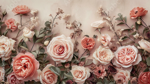Pink background with roses and branches 