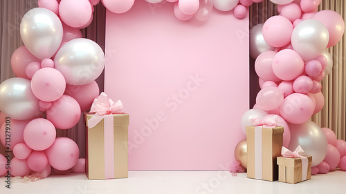 Design creative concept  birthday, party for girl  celebration  bright color style balloons, kids style. Pink birthday background decorated with balloons.