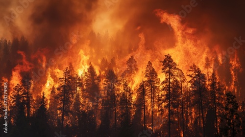 A dramatic scene of a forest engulfed in intense flames, illustrating the devastating impact of wild