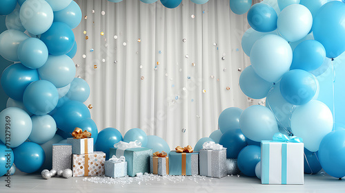 Design creative concept  birthday, party boys  celebration  bright color style balloons, kids style. Balloon decorated backdrop for birthday party.