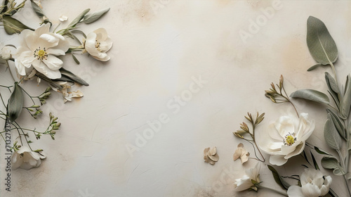 Beige background with frame of flowers, branches and leaves  © Olya Fedorova