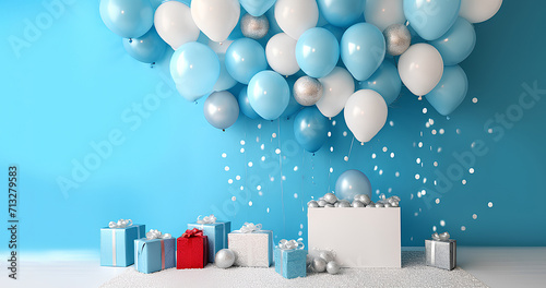 Design creative concept birthday, party boys celebration bright color style balloons, kids style. Balloon decorated backdrop for birthday party.