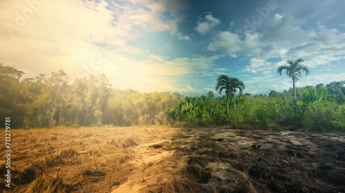 A juxtaposition of a lush rainforest and a barren desert landscape  symbolizing the consequences of 