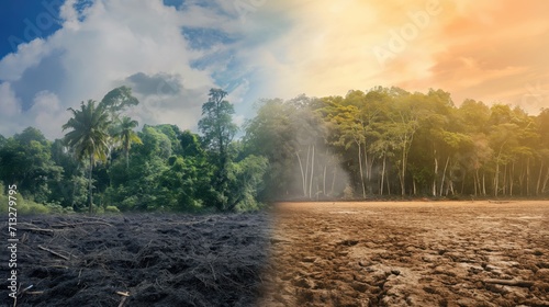 A juxtaposition of a lush rainforest and a barren desert landscape, symbolizing the consequences of 