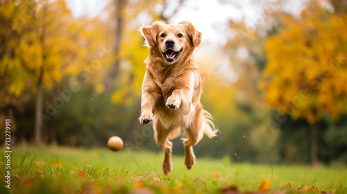 Golden retriever dog jumping happily in the air catching a ball. AI Generative