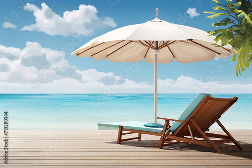 The table set, chairs and umbrella with beach and sky background design. Concept for rest, relaxation design. © Mahmud