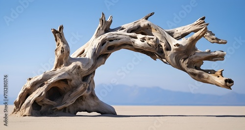 Huge driftwood example of ancient tree trunk weathered and bent by the elements on a wide open beach with blue sky