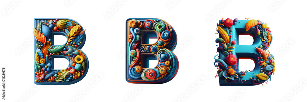 Set of a 3D colorful Letter B, isolated over on transparent white background