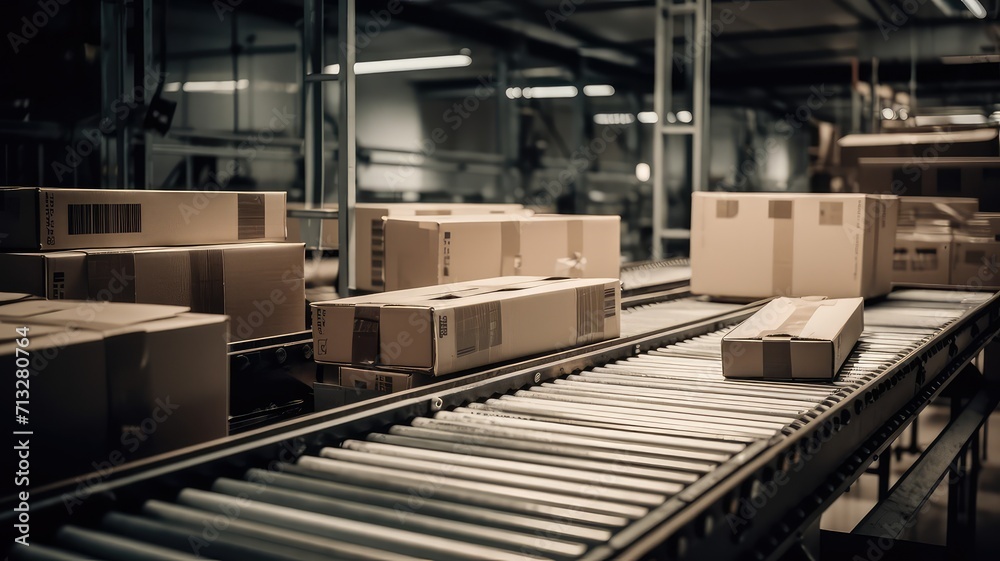 packed cardboard boxes on production line