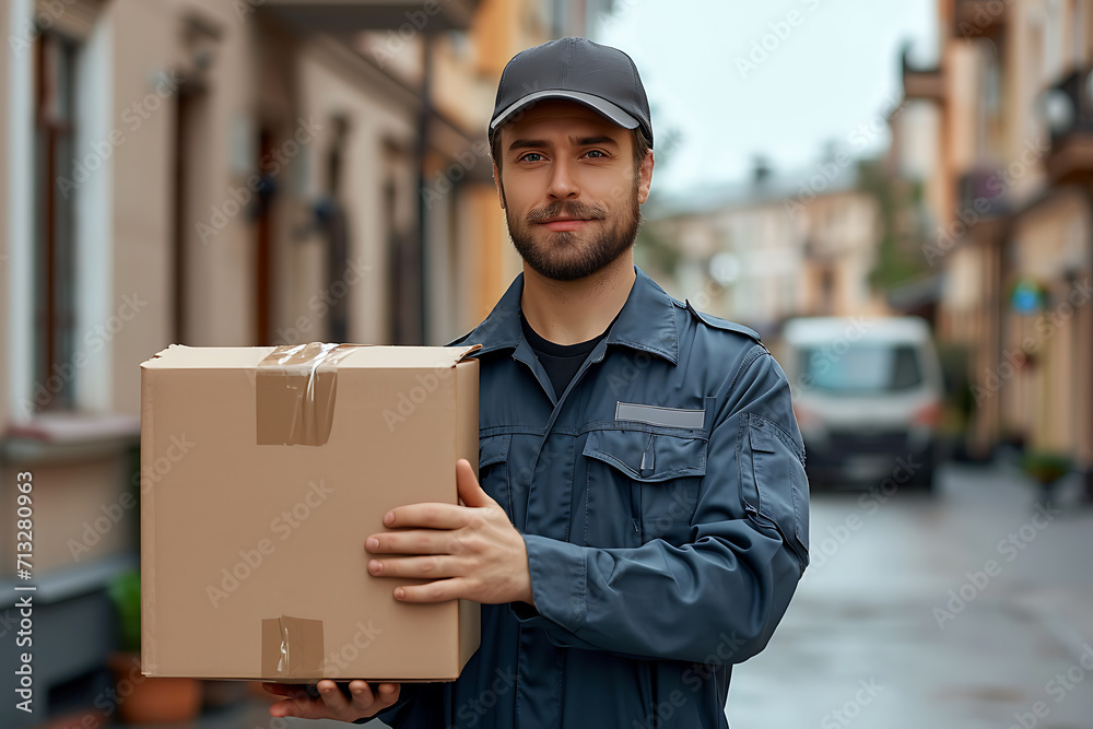 a goods delivery man in uniform against the background of a truck, with a box in his hands, stands near the house, goods delivery concept a goods delivery man in uniform against the background of a truck, with a box in his hands, stands near the house, goods delivery concept