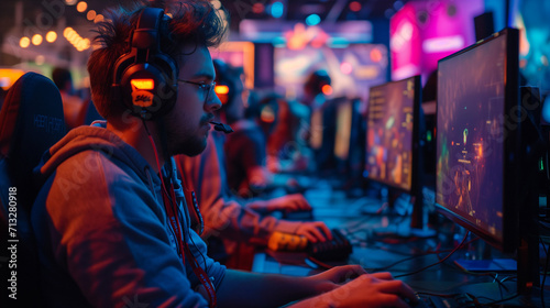 E Sports in Match, pro gamer team with male, wearing headphones, playing esports game on computer, global online streaming 