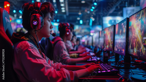 E Sports in Match, pro gamer team with male, wearing headphones, playing esports game on computer, global online streaming 