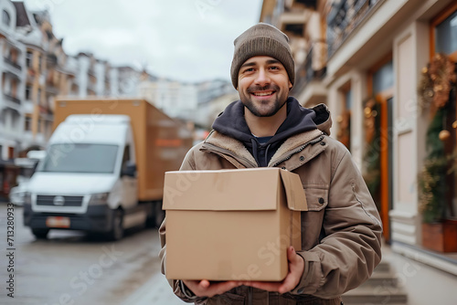 a goods delivery man in uniform against the background of a truck, with a box in his hands, stands near the house, goods delivery concept © Evhen Pylypchuk