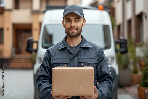 a goods delivery man in uniform against the background of a truck, with a box in his hands, stands near the house, goods delivery concept