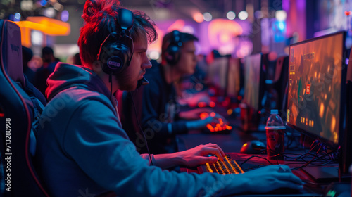 E Sports in Match,  pro gamer team with male, wearing headphones, playing esports game on computer, global online streaming  photo