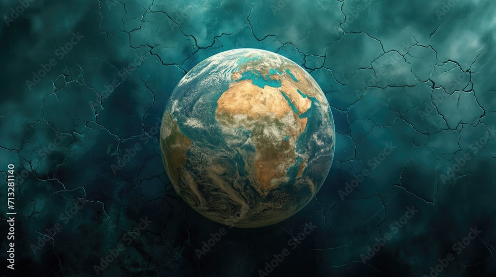 Obraz premium An abstract representation of the Earth covered in cracks and fractures, illustrating the fragility 