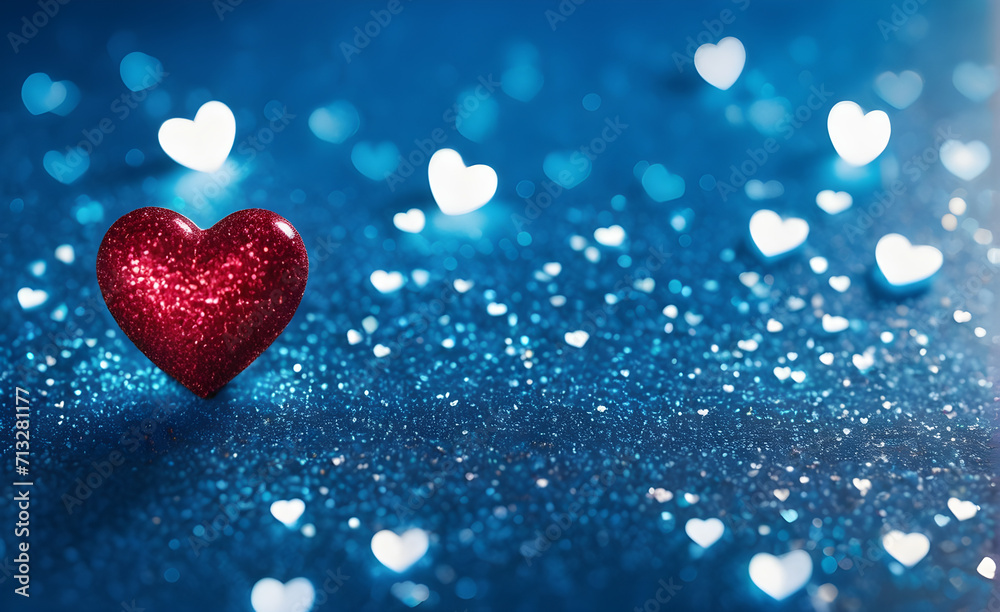 Fototapeta premium A small red heart on a sparkling soft blue background. Generative AI