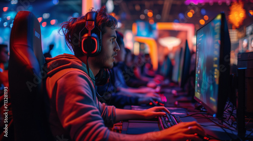 E Sports in Match,  pro gamer team with male, wearing headphones, playing esports game on computer, global online streaming 