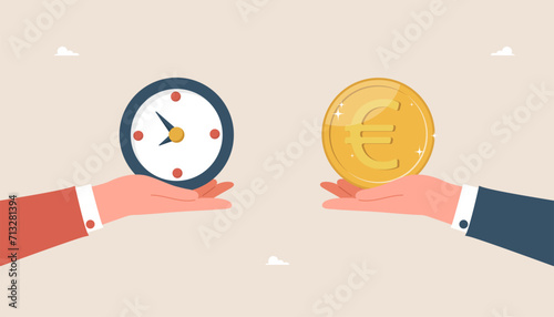 Time is money, earning investment income, pension fund concept, relationship between workload and income, successful time management to achieve reward, large hands holding clock and euro coin.
