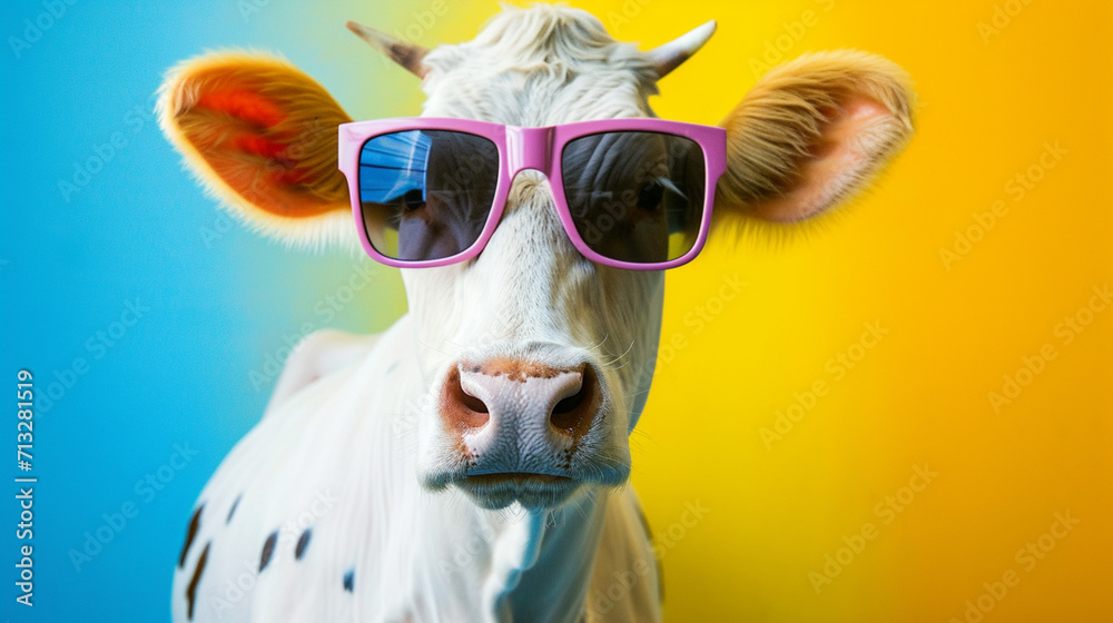 Funny cow with sunglasses in studio with a colorful and bright background. Curious Cow AI Generative Funny cow with sunglasses in studio with a colorful and bright background. Curious Cow AI Generative