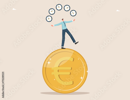 Time is money, long-term return on investment, pension fund concept, interest income from investment or deposit, successful time management to achieve rewards, man juggles clock while standing on euro