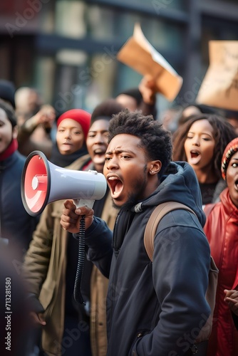 African male activist protesting via megaphone © Sasa Visual