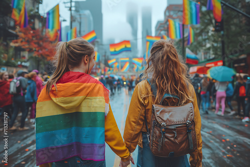 lgbt pride, girls walk hand in hand down the street with rainbow flags and kiss photo