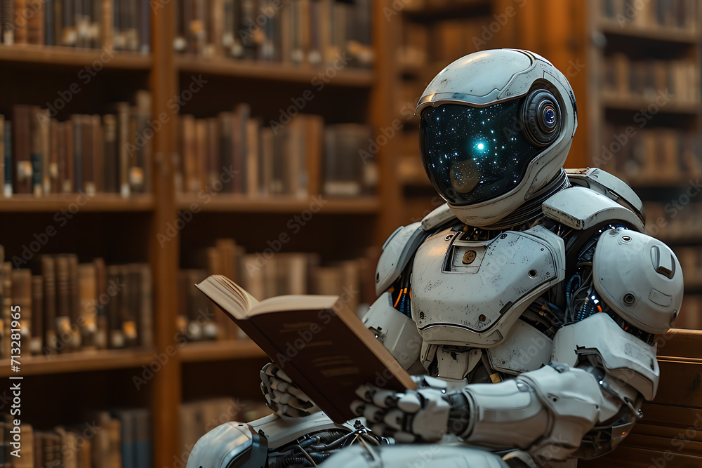 robot sits in the library and reads a book, concept of artificial intelligence development robot sits in the library and reads a book, concept of artificial intelligence development