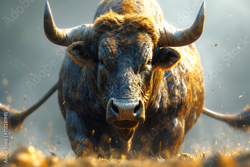 business concept, strong bull, dark with smoke background 