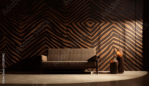 Sunlit wooden walls evoke a sense of nature and serene design, with abstract shadows and intricate textures © Murda