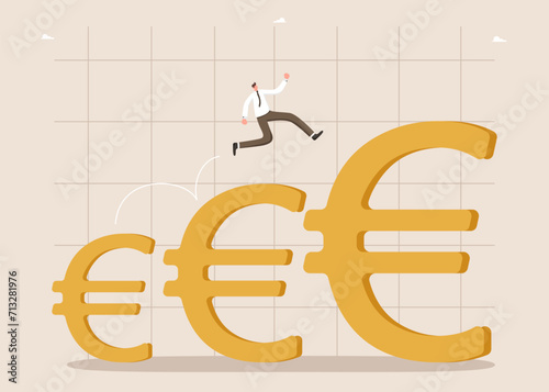 Increasing income and wages, financial growth, improving the economy, profitability of the investment portfolio, growth of dollar currency, reduction in inflation, man runs up to schedule with euro
