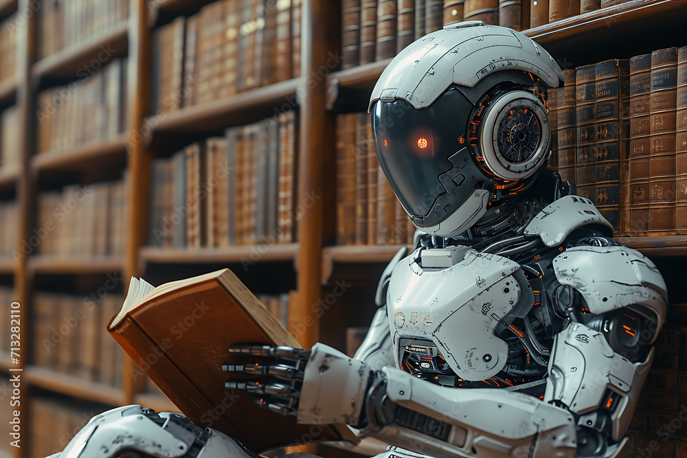 robot sits in the library and reads a book, concept of artificial intelligence development robot sits in the library and reads a book, concept of artificial intelligence development