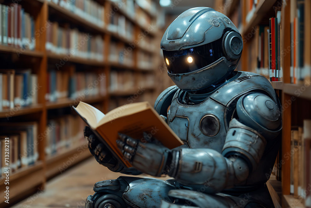 robot sits in the library and reads a book, concept of artificial intelligence development robot sits in the library and reads a book, concept of artificial intelligence development