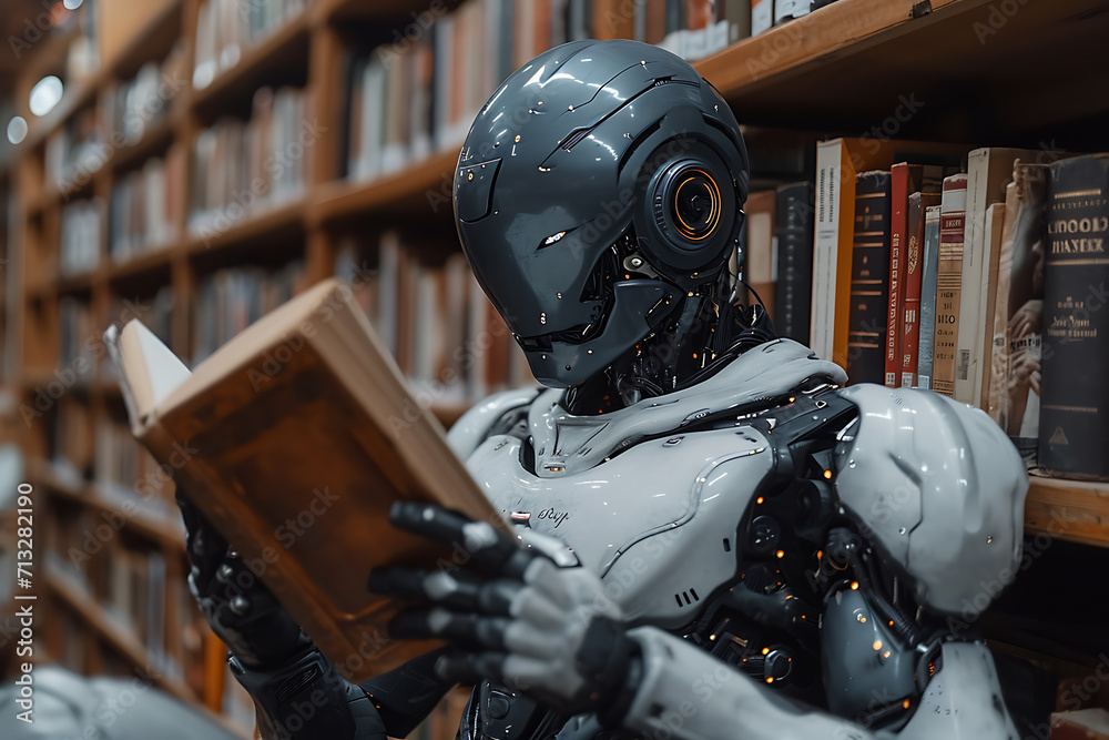 robot sits in the library and reads a book, concept of artificial intelligence development robot sits in the library and reads a book, concept of artificial intelligence development