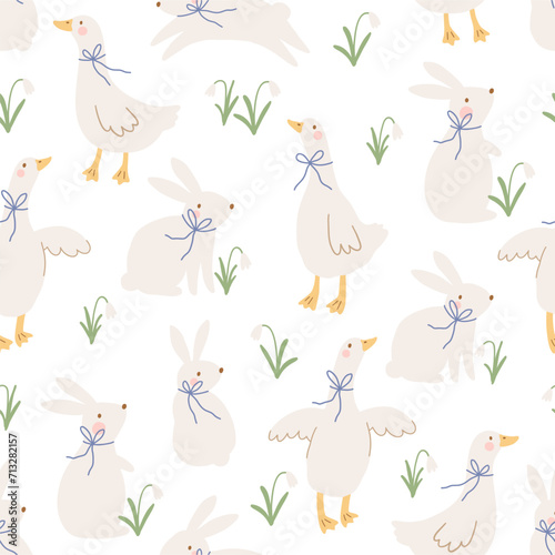 Spring cartoon seamless pattern with cute bunny and goose. Happy Easter print in flat style and pastel colors