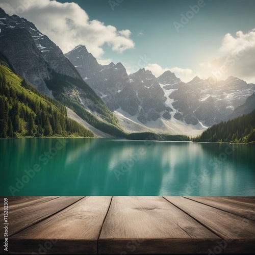 Beautiful snowy rock mountain glacier lake fresh green landscape scenery with rustic wooden plank table