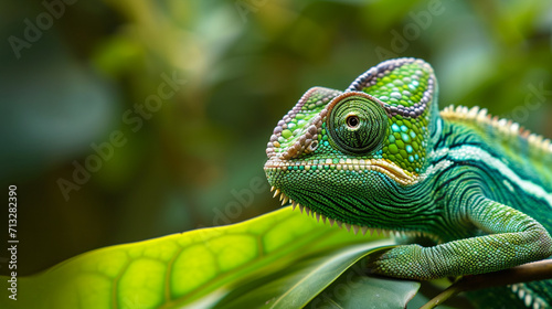 Green colored chameleon close up. AI Generative © We3 Animal