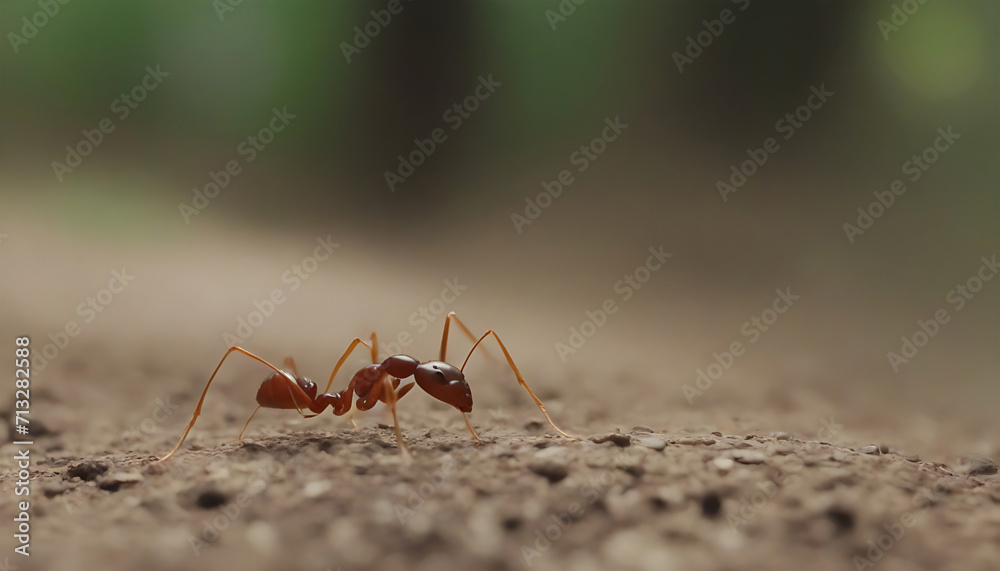 Red ant walking on ground in nature. Macro shot with shallow depth of field. Generative AI Red ant walking on ground in nature. Macro shot with shallow depth of field. Generative AI