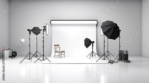 Concept studio. Photo studio equipment located next to the camera on a white background.