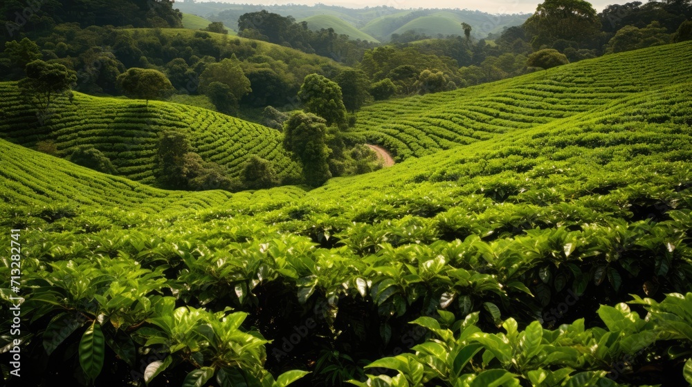 Costa Rican Coffee Plantation: Traditional Scene of Green Fields and Harvest.




