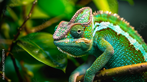Green colored chameleon close up. AI Generative