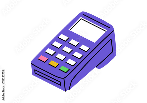 Hand drawn cute cartoon illustration POS terminal. Flat vector money transaction device sticker in colored doodle style. Shopping or payment icon or print. Payment by card. Bank operation. Isolated.