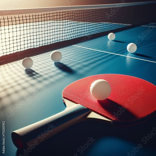 Closeup red table tennis racket and a white ball on the blue ping pong table
