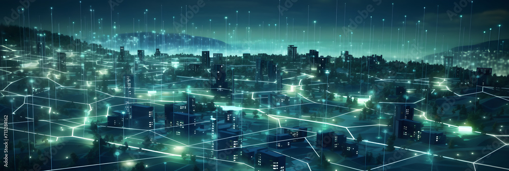 Digital city with high speed information and power grid. Digital community, smart society. DX, Iot, urban and rural nature areas digital network. digital society concept. Hand edited generative