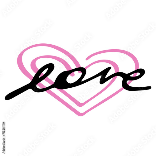 Love word hand drawn lettering with heart. Calligraphy script love text. Design for print on shirt, poster, banner, sticker